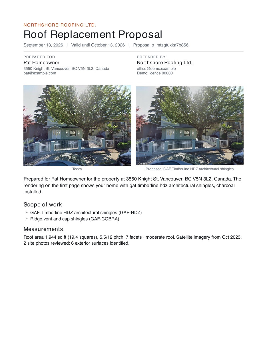 Proposal page one: today and proposed photos, scope and measurements